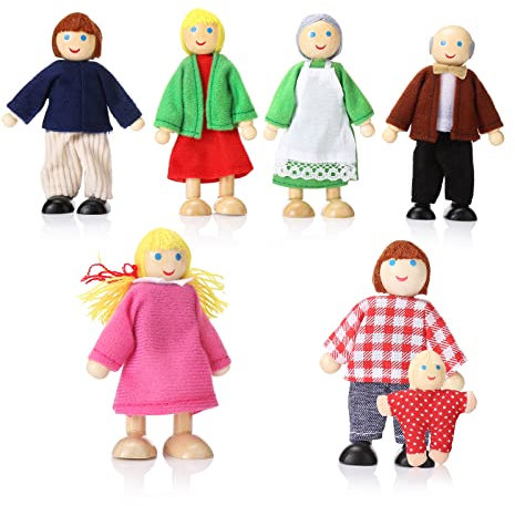 Holz Puppenhaus Familie Set von 7-köpfige Familie für Puppenhaus, Biegepuppen Figuren Zubehör Puppenfamilie für Kinder Geschenk