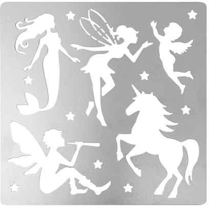 FINGERINSPIRE Feen Schablone aus Metall quadratisch 15,6cm Einhorn Scrapbooking Zeichenschablonen Edelstahl Meerjungfrau Malschablonen für Gravur Brandmalerei Tagebuch und Planerherstellung