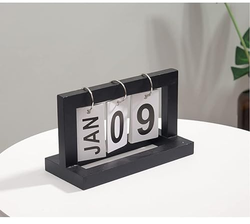 Holz Ewiger Kalender Flip,Tischkalender aus Holz, ewiger Tischkalender, Flipchart-Umblätterkalender, wiederverwendbarer Heimkalender, Ornament für Zuhause, Büro, faltbar und wiederverwendbar(Schwarz)