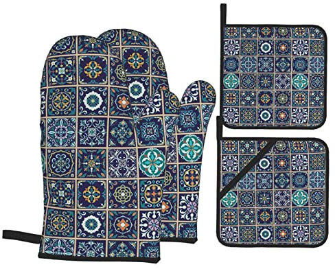 Juego de 4 Manoplas y Soportes para ollas de Cultura marroquí Portuguesa, Guantes para Horno, Guantes Resistentes al Calor para Horno, Guantes para Barbacoa para Hornear, cocinar a la Parrilla