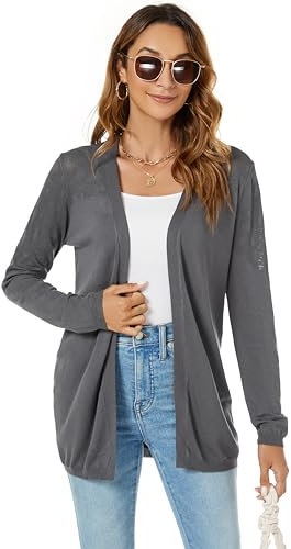 Famrrifuu Donna Cardigan Cotone Lungo Leggero Maniche Lunghe Aperto Davanti Elegante Casual Cardigan,Grigio,XXL