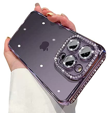 Fycyko Clear Phone Case for iPhone 14 Pro Max with Glitter Diamond Full Camera Protector,Bling Crystal Shockproof Cute Case for iPhone 14 Pro Max 6.7''(Purple)