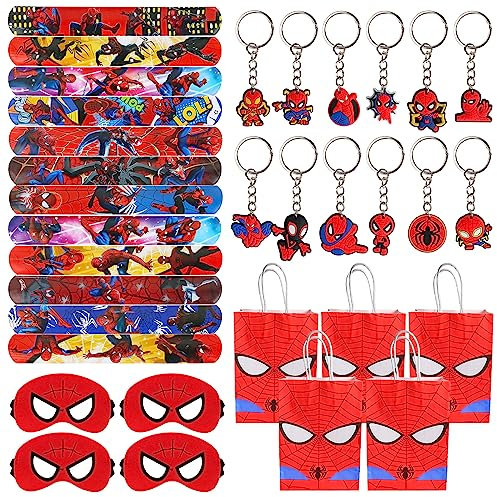 GUBOOM 48 Pezzi Spiderman Regalo Compleanno, 12 Maschere in Feltro Spidermam, 12 Portachiavi Spiderman, 12 Sacchetti Regalo Spiderman, 12 Braccialetti Slap Spiderman, Regali per Feste di Spiderman