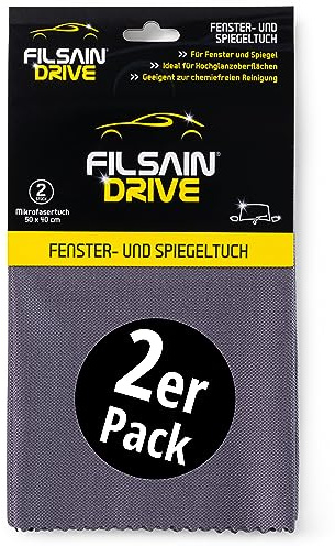 FILSAIN® Mikrofaser Fenster- und Spiegeltuch - 2er Set - 100% fusselfrei - für streifenfreie und kristallklare Autoscheiben & Spiegel - Mikrofasertuch 50 x 40 cm - Ideal für Innen & Außen