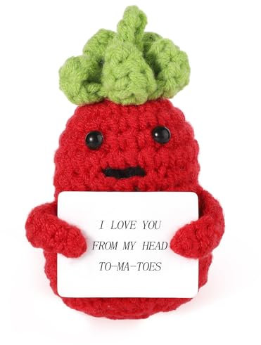 Lustige Positive Tomate, 9cm Positive Kartoffel Gestrickte Tomatenpuppe Süße Gestrickte Tomatenpuppe aus Wolle mit I Love You Karte Positives Strickspielzeug für Geburtstagsparty Dekorationen