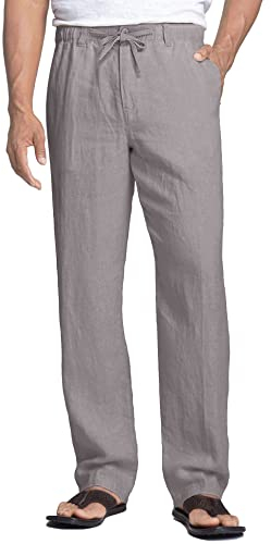 COOFANDY Sommerhose Herren Leinenhose Freizeithose Leicht Baggy Herrenhose Lange Yoga Urlaub Strandhose mit Kordelzug Lounge-Hose Leinen-hellgrau L
