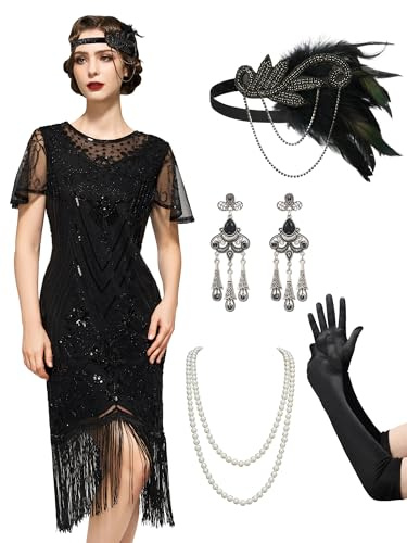 SWEETV 20er Jahre Kostüm Damen, Gatsby Kleid Damen mit 20er Jahre Kleid Accessoires, Charleston Flapper outfit