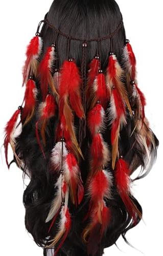 SRZYMJ Feder Kopfschmuck Indianer Fasching, Feder-Stirnband, Boho-Kopfschmuck, indische Feder-Stirnbänder, Haarteil, Schmuckzubehör für Damen, Feder Kopfschmuck Rot