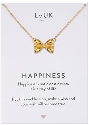 LUUK LIFESTYLE Coquette Schleifen I Farfalle Nudel Halskette, Kettenlänge 50 cm, kleines Geschenk für die Tochter mit HAPPINESS Spruchkarte, Gold