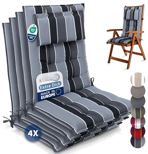 Beautissu 4er Set Premium Hochlehner Auflage Kopfpolster 120x50cm Sun-HL – 8cm Dick Polster Gartenstuhlauflage rutschfest Befestigungsbänder UV-Lichtechtheit 5 – Robust Stoff Anthrazit Gestreift