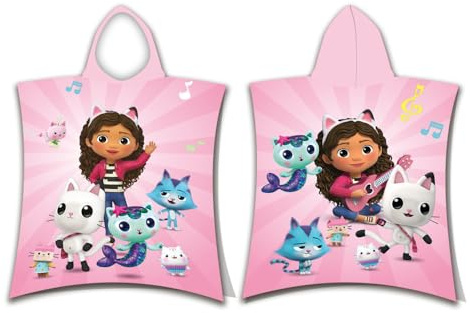 Jerry Fabrics Gabby's Puppenhaus Poncho mit Kapuze für Kinder 100% Baumwolle 115 x 50 cm | Strandbad Poncho Handtuch Pandy Pfote Mercat Cakey Katze Fee Geschenk für Mädchen Jungen Kleinkinder