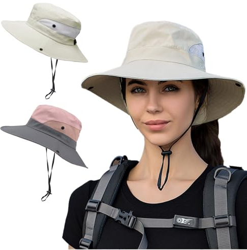 DKDDSSS 2 Stück Sonnenhut Damen Faltbarer, UV Schutz Sommerhut Wanderhut, Fischerhut Gartenhut Wasserdicht, Outdoor Buschhut mit Verstellbare Kinnband Pferdeschwanz Breite Krempe