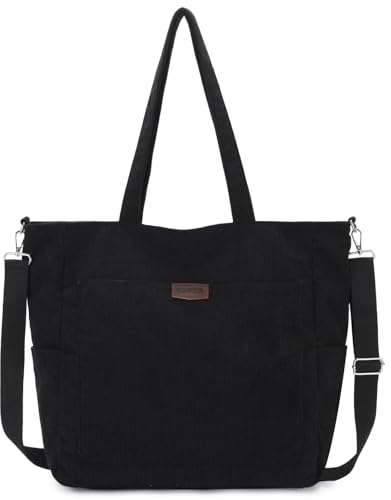 Chase Chic Sac Fourre-Tout Femme en Velours Côtelé,Cabas avec Bandoulière Détachable,Grand Sac a Main Ordinateur 17 Pouces pour Travail Voyage École Shopping(Noir)