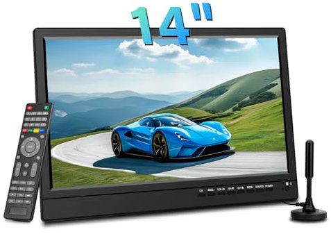 Feihe Televisor pequeño de cocina portátil de 14 pulgadas con antena, sintonizador ATSC, soporte de TV integrado y control remoto, HDMI, USB, TF, conector para auriculares para