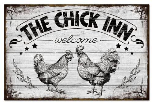 GLOBLELAND Das Chick Inn Welcome Vintage Farm Chick Inn Metall Blechschild Huhn Hahn Henne Blechschild 12x8 Zoll Kunsttafel Poster Wanddekoration Für Zuhause Bauernhof Gasthof Coop