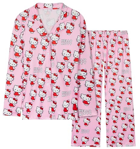 Hello Kitty Ensembles de Pyjama Femme, Pyjama Boutonné Classique - Cadeau pour Elle (Rose, S)