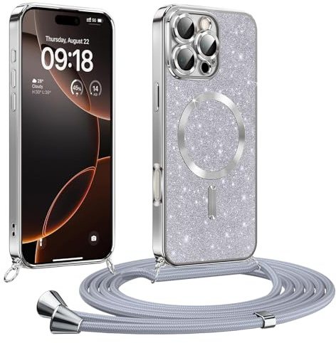 Phoona handyband Hülle für iPhone 16 Pro mit Band, Glitzer Handyhülle Kompatibel mit MagSafe, Ganzkörperschutz Kratzfeste Stossfest Schutzhülle mit Einstellbar Kette, Silber