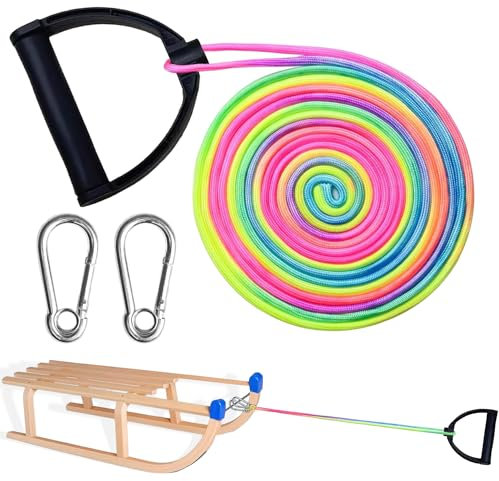 Schlittenseil Mit Karabiner, Schlittenleine Mit Griff, 4m Schlitten Zugseil, schlittenseil mit karabiner, Schlittenseil Mit Griff, Schlitten Zugseil für Schlitten und Rodel im Winter (Regenbogenfarbe)