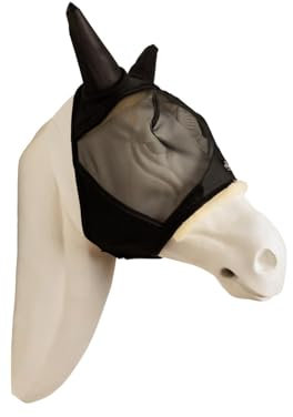 Fliegenmaske Pferd Full mit Ohren – Hautfreundlich mit Kunstlammfell, UV-Schutz & Insektenschutz, atmungsaktives Mesh, Verstellbarer Klettverschluss, langlebig & waschbar, Schwarz