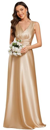 Ever-Pretty Robe de Demoiselle d'honneur Femme Satin Poches Col V Taille Empire sans Manches Champagne 52
