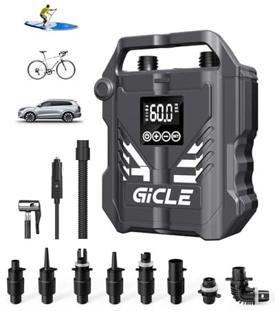 GICLE 60PSI Paddle Board Pump Electric SUP Pump, Dual Stage Fast Inflation & Auto-off with 12V DC Car Connector for Paddleboard, Tire, Boat, Tent (Standard model)