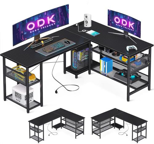 ODK Gaming Tisch, Reversibel Gaming Schreibtisch mit 2 Steckdosen und 2 USB Ladeanschluss, Eckschreibtisch mit Maximale Organisation & Stauraum, Kohlefaser Schwarz, 150×102cm