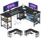 ODK Scrivania Gaming ad L con Design Reversibile, Scrivania con Ampio Spazio di Archiviazione, Scrivania ad Angolo con 2 Prese e 2 Porte USB, Fibra Di Carbonio Nera, 150×102 cm