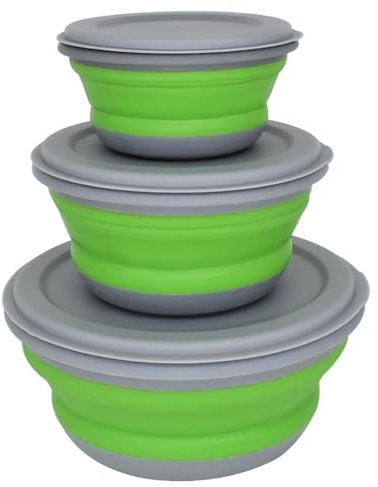 Lot de 3 bols de camping pliables en silicone, sans BPA, bols de voyage portables avec couvercles, petit/moyen/grand (vert)