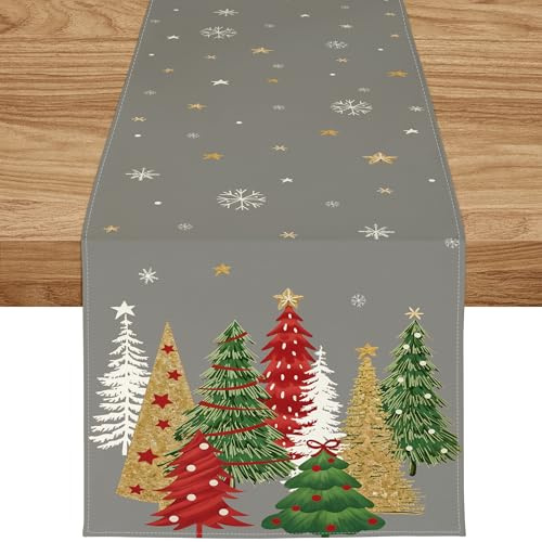 ZWJD Tischläufer Weihnachten 40x140 cm Tischläufer Grau Modern Weihnachtstischläufer Weihnachtsbäumen Schneeflocken Festliche Weihnachtsdeko Tisch für Winter, Feiertage, Esszimmer &Wohnzimmer