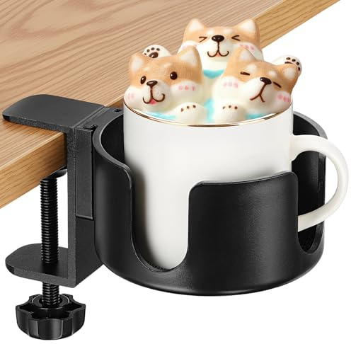 Desk Cup Holder Clamp, Anti-Spill Cups Holder Mount for Desk and Table, Sturdy and Durable Cup Holders, Clamp On Table to Hold Coffee Cups and Mugs, Office and Gaming PC Accessories, Black
