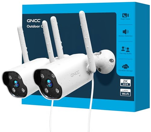 GNCC Kit 2 Telecamera Wi-Fi Esterno 2K, Fisso Videocamera Sorveglianza | IP65, Rilevamento Movimento, Audio Bidirezionale, Notifiche APP, 24/7, Compatibile con 2,4 GHz, SD/Cloud, Plug-in, Cavo 3m