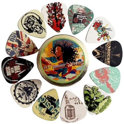 Asyduey Electric and Guitar Accessories: 12 Colorful ABS Picks, Gift Set in Metal Box, 0.46mm