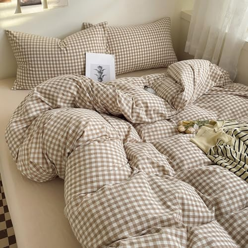 Housse de Couette Carreaux Vichy 200x200 Marron + Taie d'oreiller 65x65x2 | Parure de Lit 200x200, en 110gsm Microfibre, Imprimé, Adulte, 2 Personnes, Linge de Lit, Fermeture Éclair