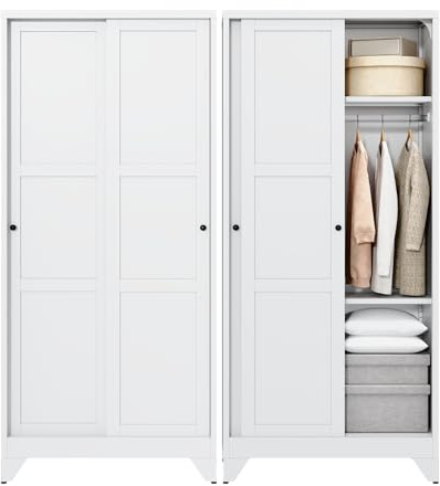 Letaya Armoire Wardrobe Closet,20 Deep Armoire Wardrobe Cabinets with Sliding Doors and Shelves,Narrow Slim Coat Closet Cabinet with Hanging Rod for Home (White)