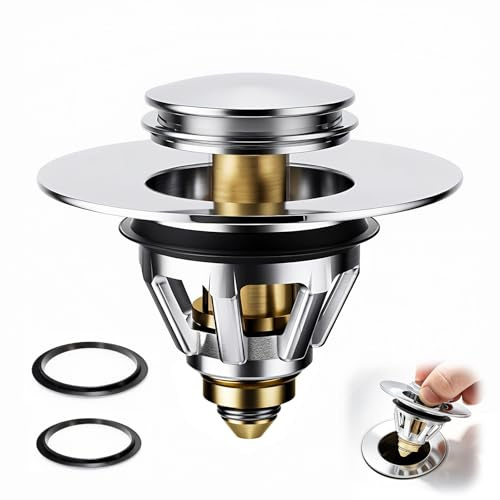 Tappo Lavandino Bagno con Filtro Ottone, Tappo Bidet, Tappi Lavandino Bagno | Universale 34-45mm, A pressione, Scarico Rapido, Smontabile Lavabile, con 2 Guarnizioni Silicone, per Lavandino e Bidet