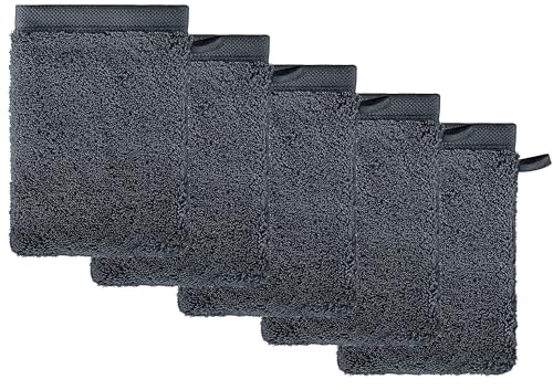 herzbach home Premium Waschhandschuh 5er Set Pura | 100% Baumwolle | Extra weich | Waschlappen | Farbe: Anthrazit