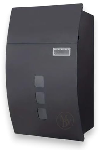 MODOVO Curved black Wall Mounted Post Box Edition Weatherproof Lockable Steel Letter Box with 2 Keys, Viewing Windows & Nameplate Modern Outdoor Mailbox for Home & Office (Black)