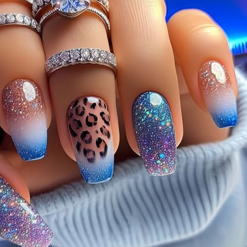 Viugex 24 chiodi da incollare, rettangolari, ombré blu, viola, paillettes, stampa sulle unghie, stampa leopardata francese, unghie finte acriliche, riutilizzabili, per donne e ragazze