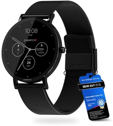 Zenwatch Venice Pro 2.0 Schwarz Smartwatch mit Bluetooth Telefonie – 1,32 AMOLED 466x466, 123 Sportmodi, Herzfrequenz, Blutdruck & SPO?, IP68 Wasserdicht, 200 mAh Akku, kompatibel mit Android & iOS