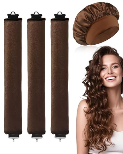 CULEB 3Pcs Bigoudis Cheveux,avec Bonnet Satin,Boucle sans Chaleur,Boudin Cheveux,Bigoudis de Sommeil doux,Rouleau Cheveux,Boucles Sans Chaleur for Most Hairstyles,Bricolage Outils de Coiffure(Brun)
