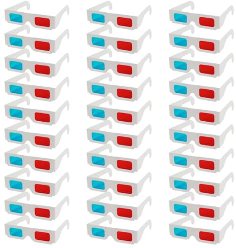 ARTIBETTER Lot de 30 Lunettes 3D Anaglyphes en Carton Blanc, Jetables, Verres Rouges et Bleus, Légères et Universelles pour Cinéma, Vidéos et Expériences Visuelles Immersives