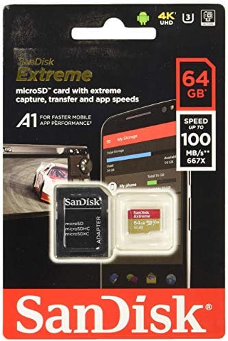 SanDisk Extreme 64 GB microSDXC Speicherkarte + SD-Adapter bis zu 100 MB/Sek, Gold/Rot, Class 10, U3, V30, A1