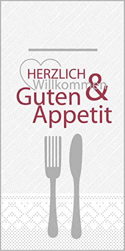 Sovie HORECA Besteckserviette „Herzlich Willkommen & Guten Appetit“ in Bordeaux aus Tissue Deluxe® 4-lagig, 40x40 cm, 1/8 Falz, 100 Stück – mit Besteckschlitz & edlem Besteck-Motiv