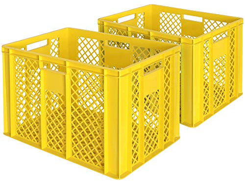 BRB 2x Eurobehälter/Bäckerkiste, LxBxH 600x400x410 mm, lebensmittelecht, Boden und Wände durchbrochen, gelb