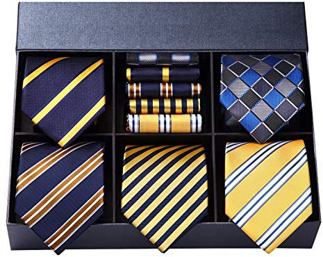HISDERN Herren Krawatten Set 5-teilig Seidenkrawatte und Einstecktuch Formelle Klassische Hochzeit Krawatte für Männer Taschentuch mit Geschenkbox