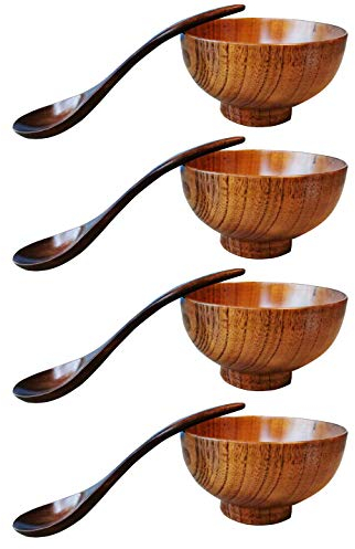 Lot de 4 bols en bois massif de style japonais pour riz, soupe, sauce, café, thé, décoration (4 bols + 4 cuillères)