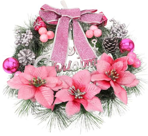 SUPVOX,Ghirlanda di Natale Merry Christmas con bacche di pino, sfera di insettia, decorazione da appendere alla porta della casa, alla parete, alla finestra, alla festa, Materiale sintetico, rosa