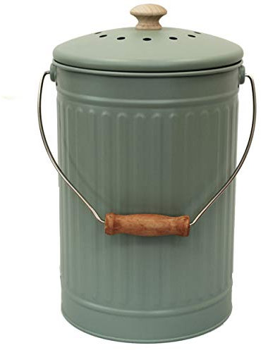 Sage Green – 7 Litre Metal Compost Caddy/Food Waste Bin All-Green with our composting guide
