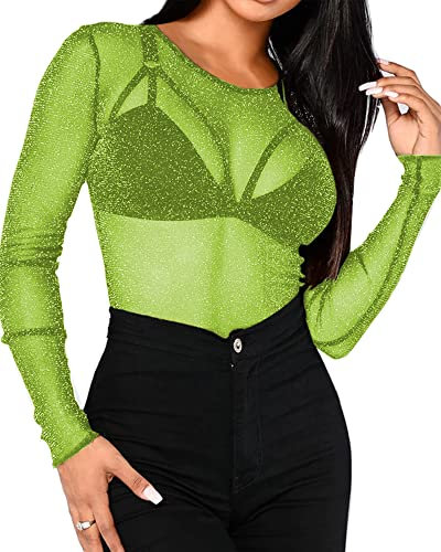 BelleLovin Women's Sheer Mesh Tops Long Sleeve Glitter Sexy Tops See Through Blouses, Neon Green, L