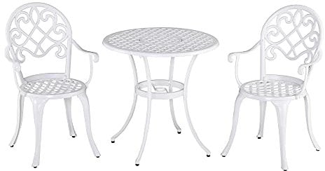 Outsunny 3 Piece Patio Bistro Set for 2, Outdoor Aluminium Garden Table and Chairs with Adjustable Footpads for Balcony, Garden and Patio, White